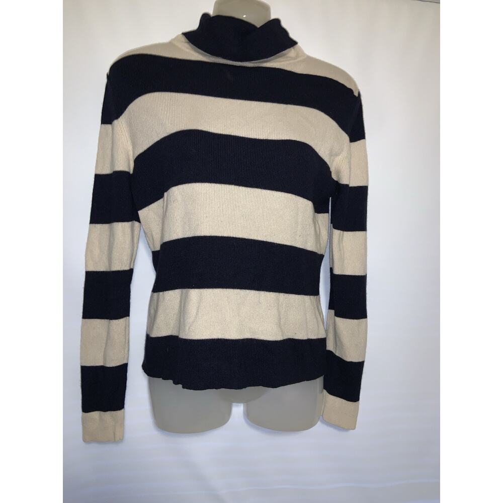 TSE Cashmere Long Sleeve Striped Turtleneck Sweater Ivory & Blue Size Large